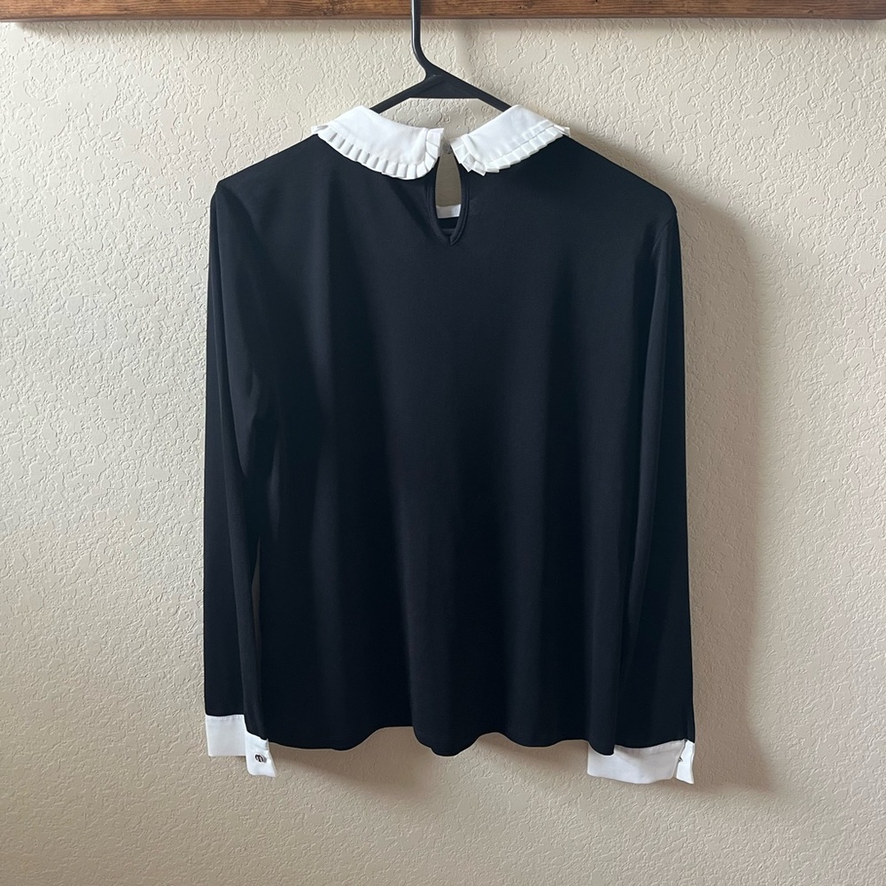 CeCe Women’s Black Long Sleeve Top White Peter Pan Collar Contrast Cuffs Size M - Picture 4 of 7